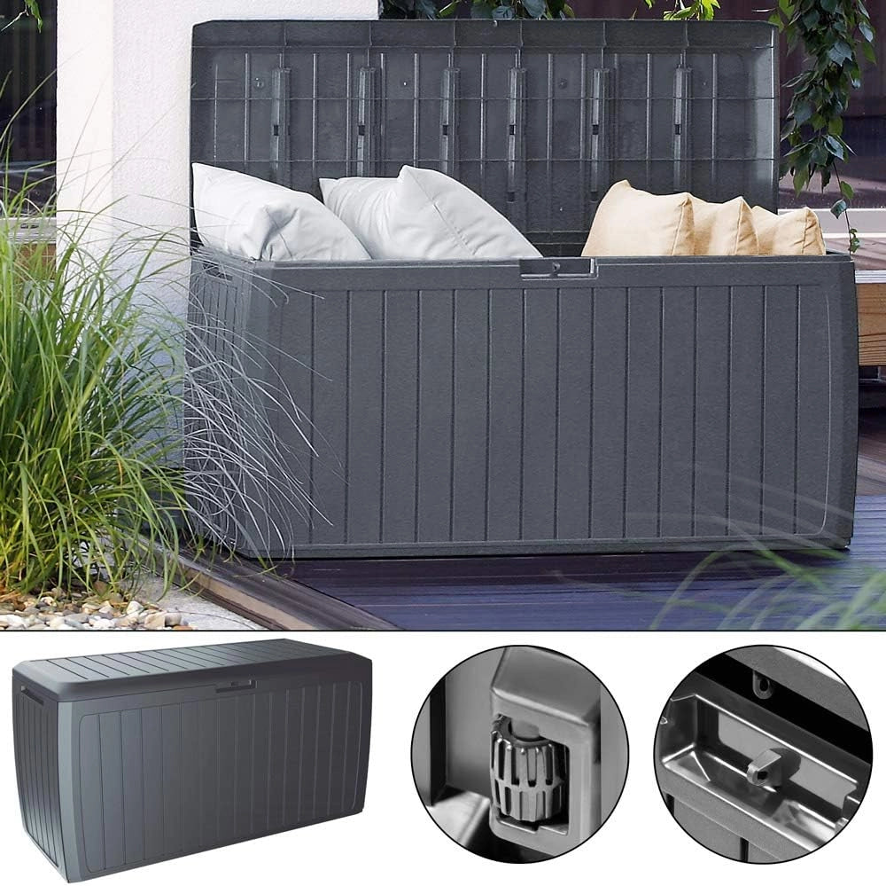 ® Baule da Giardino 117x47x60cm Aspetto Legno 290L Box Multiuso Multibox Cuscini 6 Ruote Coperchio Esterno