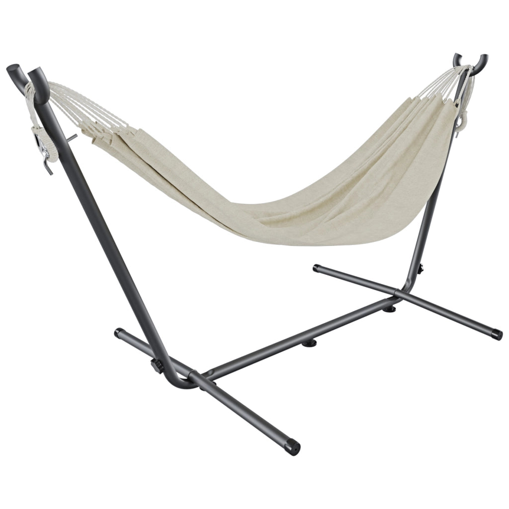 Amaca Brasiliana Con Supporto In Acciaio Altezza Regolabile Telo Cotone Da Esterno Per Giardino Balcone Piscina 100 x 110 x 265 Cm Nero E Beige
