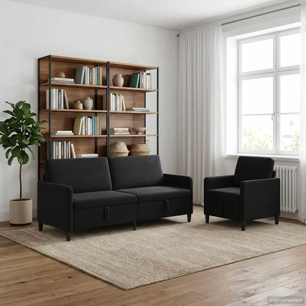 Set di Divani con Storage 2 pz Nero Poliestere 3429252