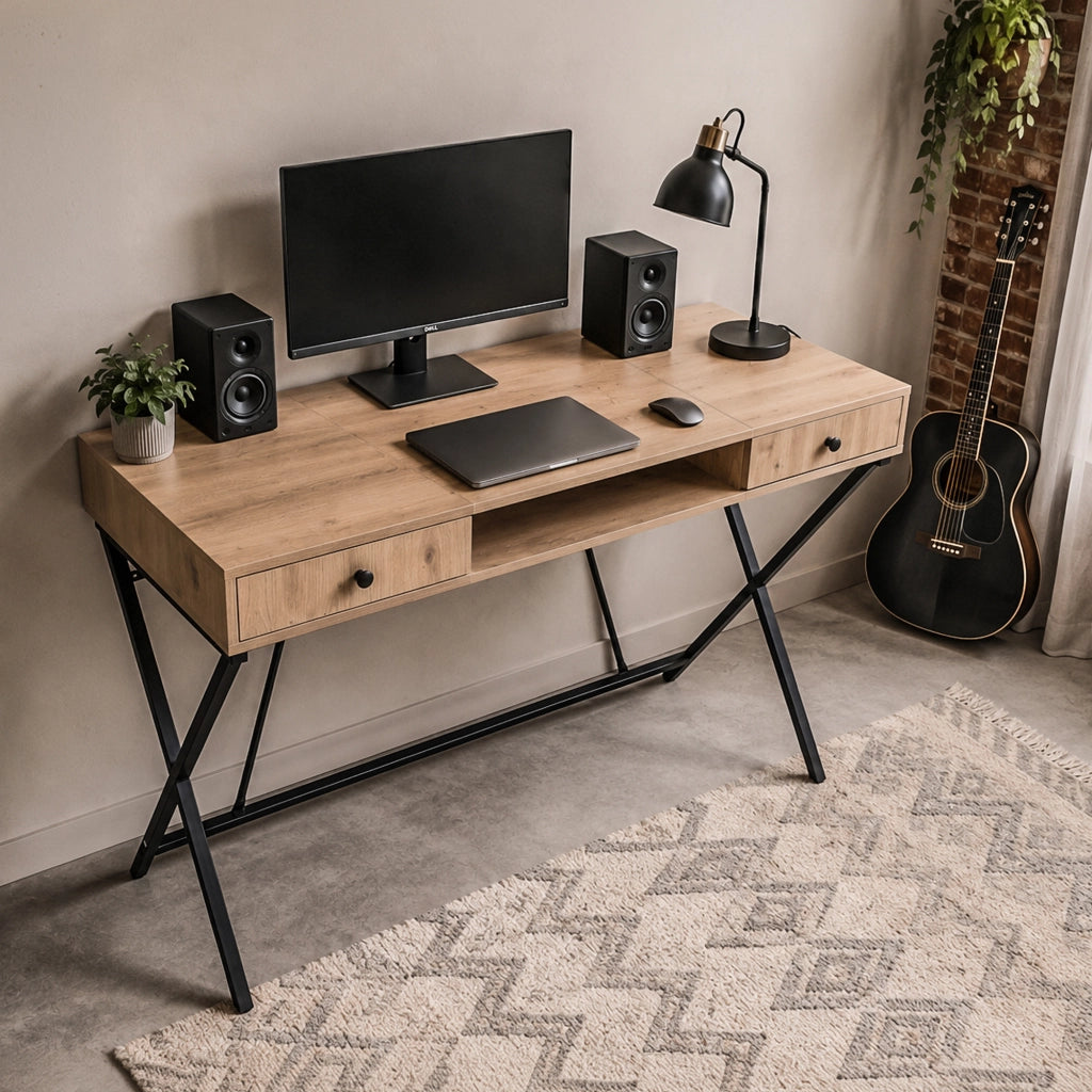 Scrivania PC industriale Rovere Artisan CROSSLINE 120 cm 2 cassetti 1 ripiano gambe nere