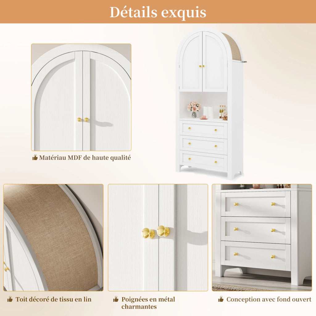 Armadio Contenitore con 2 Ante; 3 Cassetti e Vano a Giorno; Stile Moderno; in MDF; 70??35??180 cm; Bianco