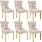Set di 6 Sedie da Pranzo; con Anello sullo Schienale e Borchie Decorative; Velluto; Beige