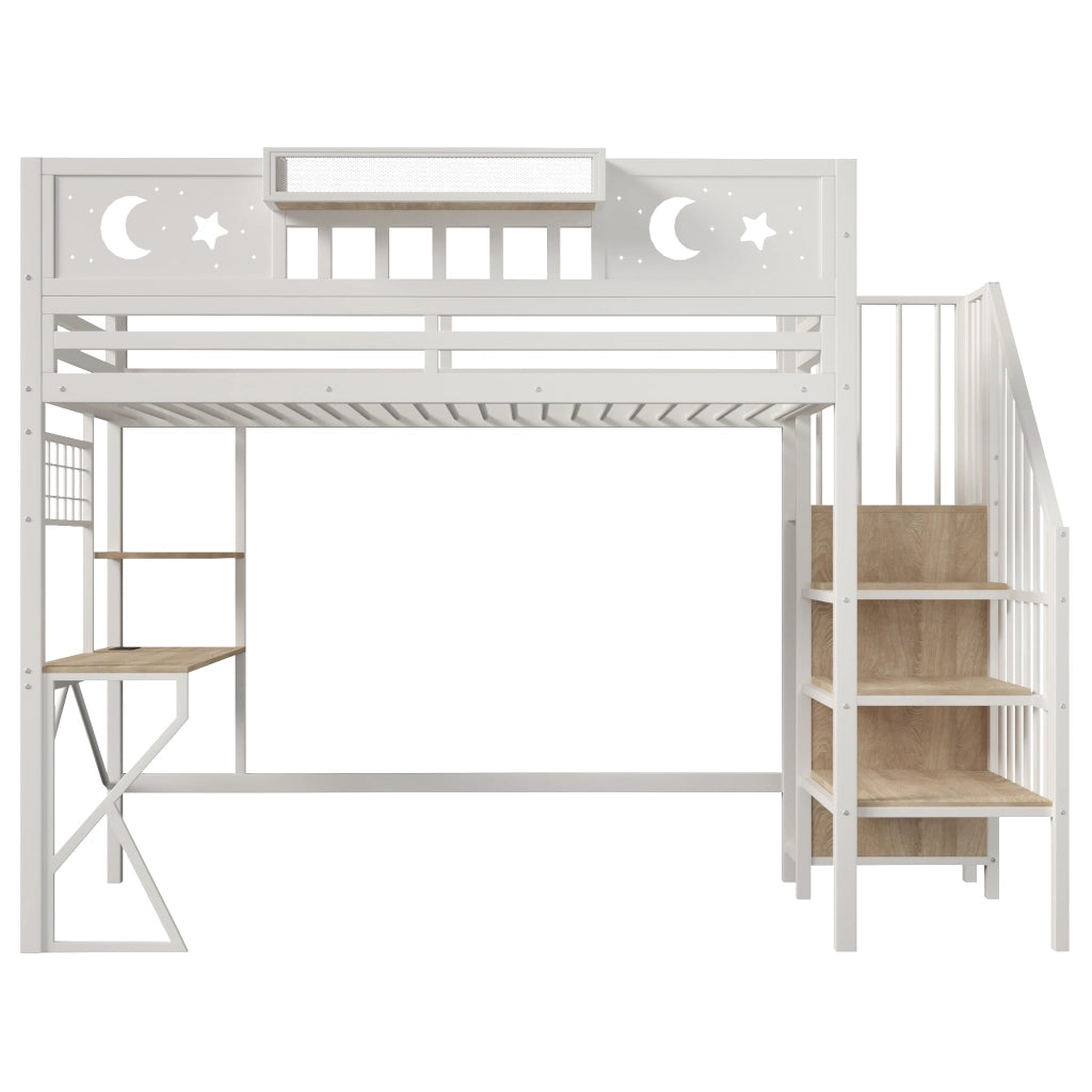 Letto a soppalco 90x200 con scrivania in metallo e MDF; bianco; LED e USB