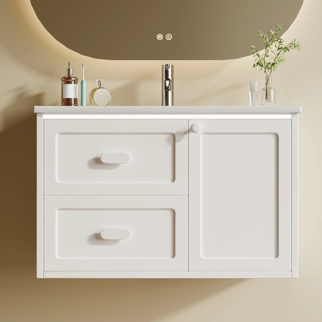Mobile lavabo da bagno sospeso 76x46x51 cm in MDF laccato con lavabo in ceramica, 2 cassetti, LED con sensore radar, bianco