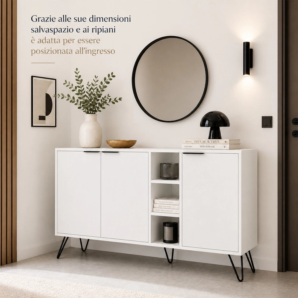 Madia Moderna Credenza con 3 Ante e Vani a Giorno 142x83 cm Zaffiro di Bianco