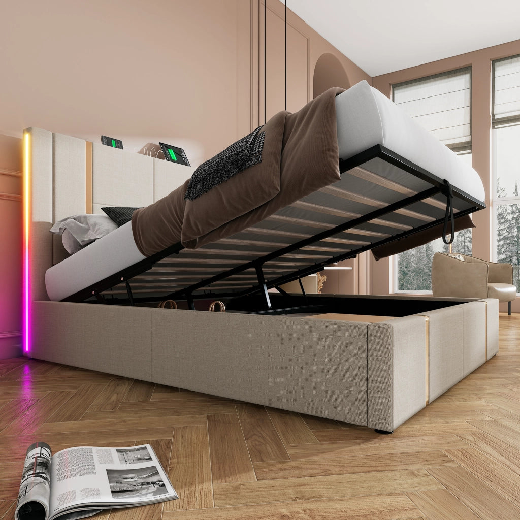 Letto Contenitore Letto Matrimoniale con Vano Contenitore e Testiera Imbottita; 160×200 cm; senza Materasso; Grigio