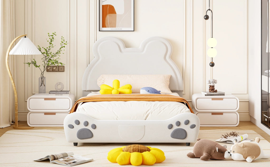 DESMIU Letto per bambini 140 × 200 cm 2 posti con testiera a forma di orso, senza materasso, imbottito, bianco