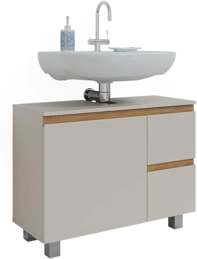Mobile sottolavabo per bagno J-Shape, Cashmere/Artigianale, 80 x 60.8 cm con 2 cassetti, per la conservazione di articoli da bagno e prodotti per l'igiene
