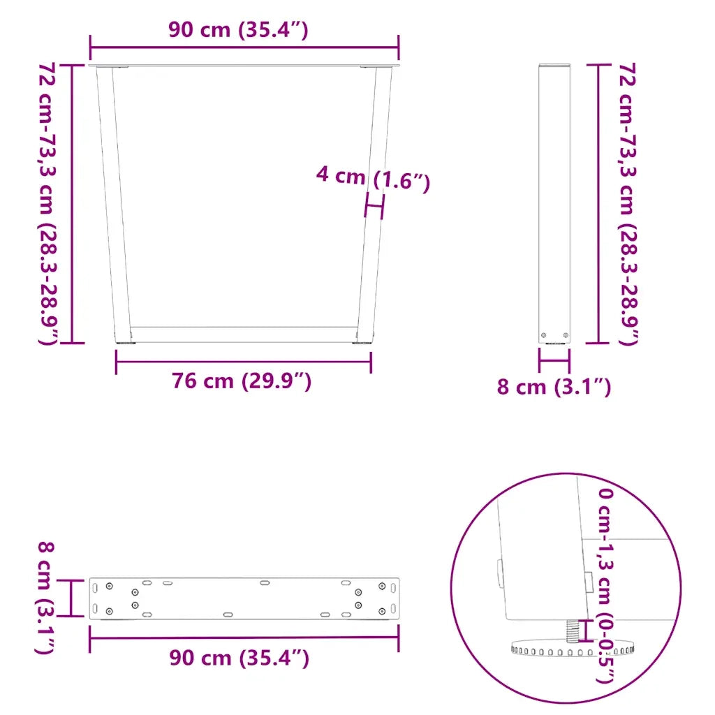 Gambe per tavolo da pranzo a forma di V 3 pz bianche 90x(72-73,3) cm in acciaio 4012669