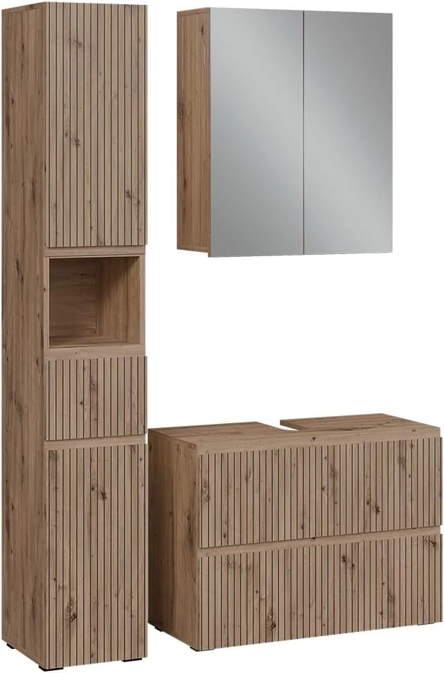 Set di mobili da bagno 3 pezzi Takumi, Artigiano, 80 cm, composto da mobile sottolavabo, specchiera e mobile medio