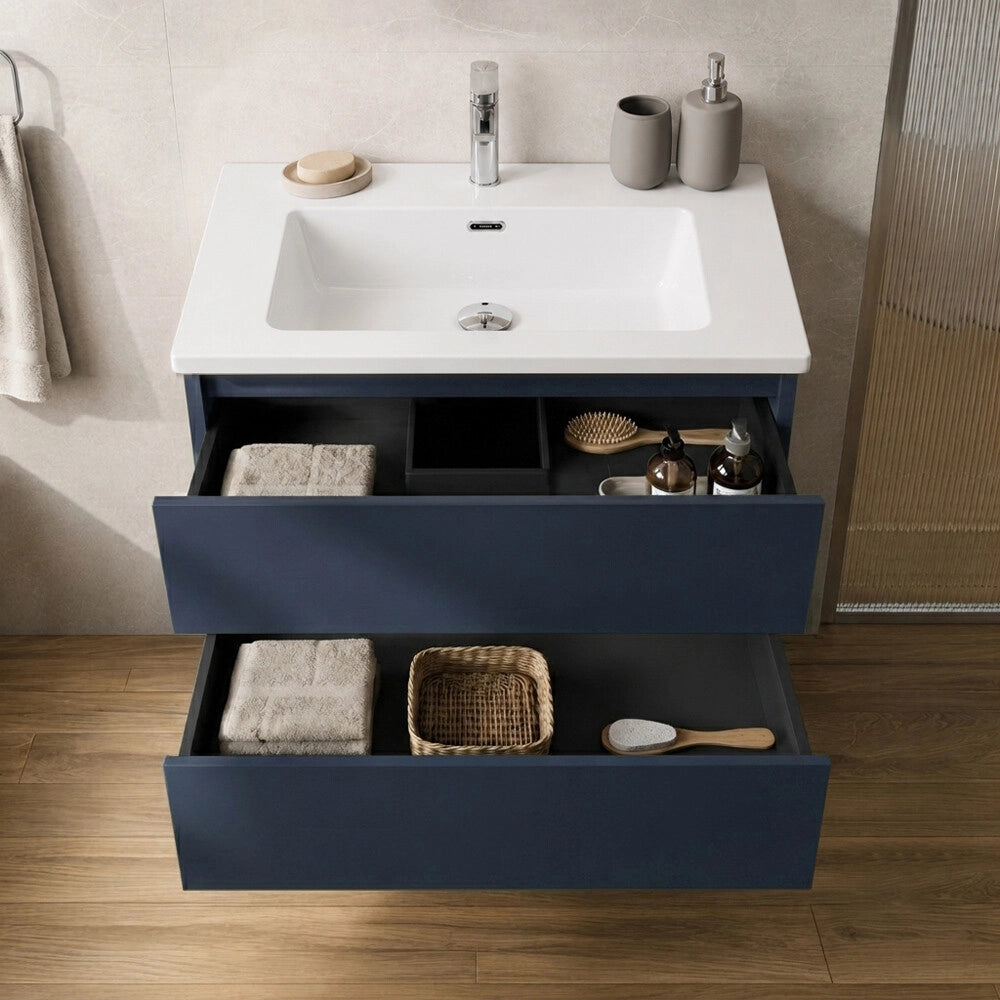 Mobile bagno sospeso 80 cm blu due cassetti push-pull e lavabo Tierra