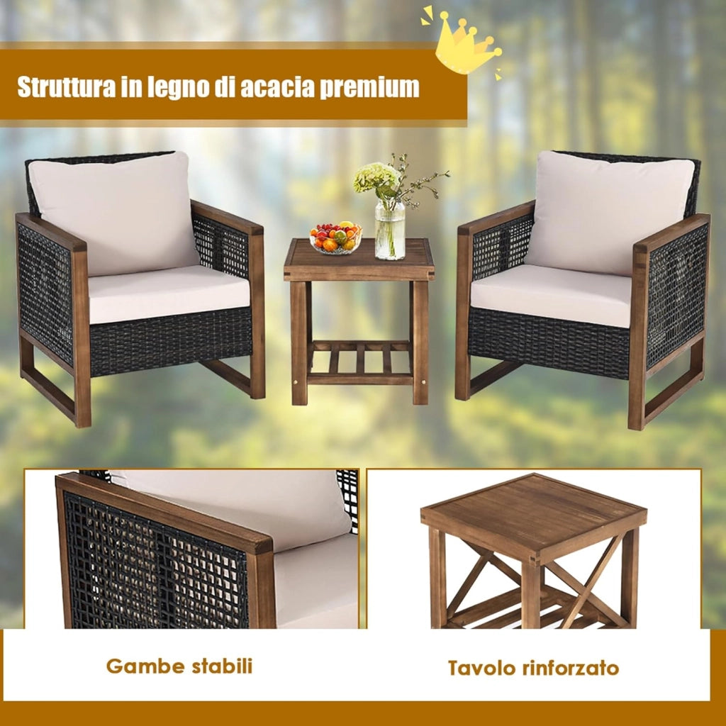 Set di 3 Pezzi di Mobili da Patio, 1 Tavolino in Legno di Acacia e 2 Sedie in Rattan PE, con Cuscini Lavabili, Set di Divani per Giardino Cortile Piscina Portico