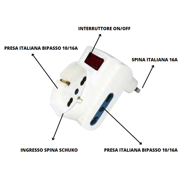 Adattatore triplo attacco grande on/off bianco schuko 16 ampere ecova