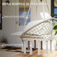 Poltrona Sospesa in Stile Boho con Cuscino, in Acciaio, Cotone e Poliestere, 80x60x40 cm, Bianco Crema