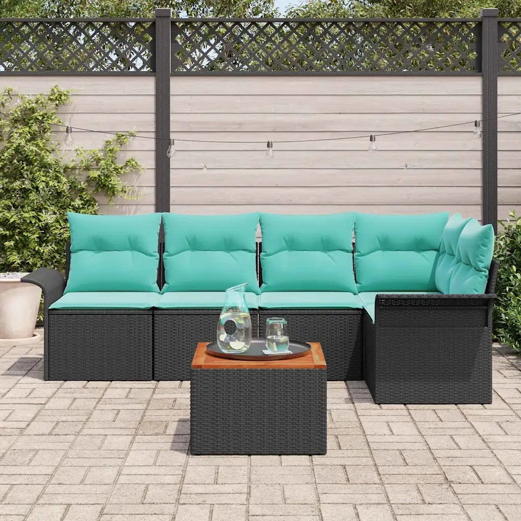 Set Divano da Giardino 6 pcs Nero e Turchese polyrattan