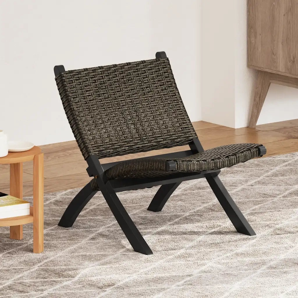 Sedia Relax Nera in Rattan Kubu Naturale e Mogano Massello