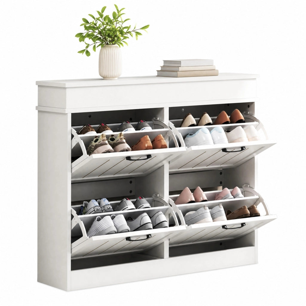 Scarpiera 105x24x83 cm con 4 ante a ribalta e 8 ripiani in MDF bianco