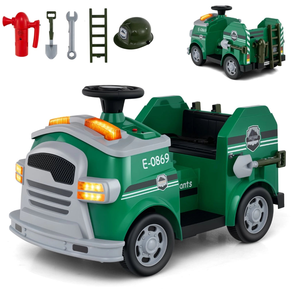 Auto elettrica per bambini 12V camion dei pompieri, 4 ruote antiscivolo con pala estintore scala casco di sicurezza Verde