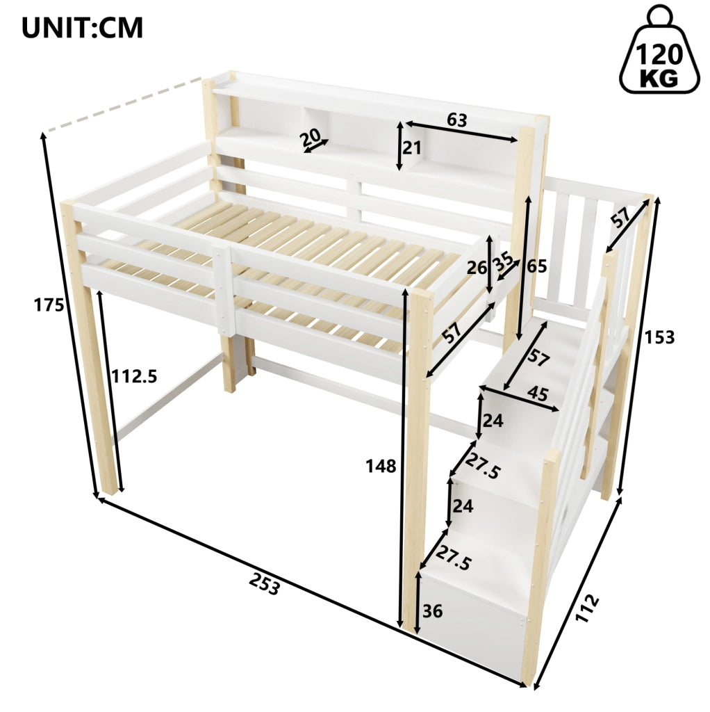 Letto a soppalco 90x200 cm con LED e scala contenitore