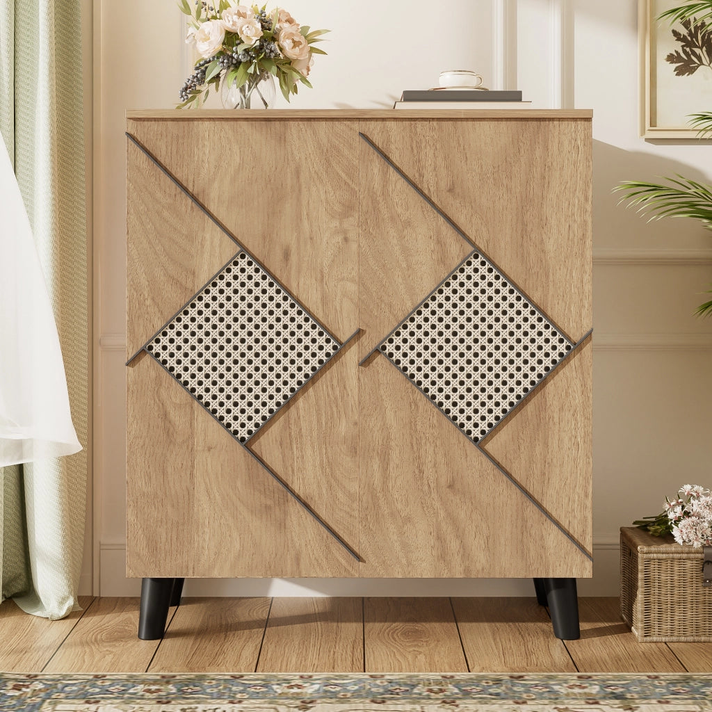 Scarpiera con 2 Ante; Motivo Decorativo Rattan; Contenitore Chiuso; Stile Moderno; in Pannello Truciolare; 80×31×91 cm; Legno