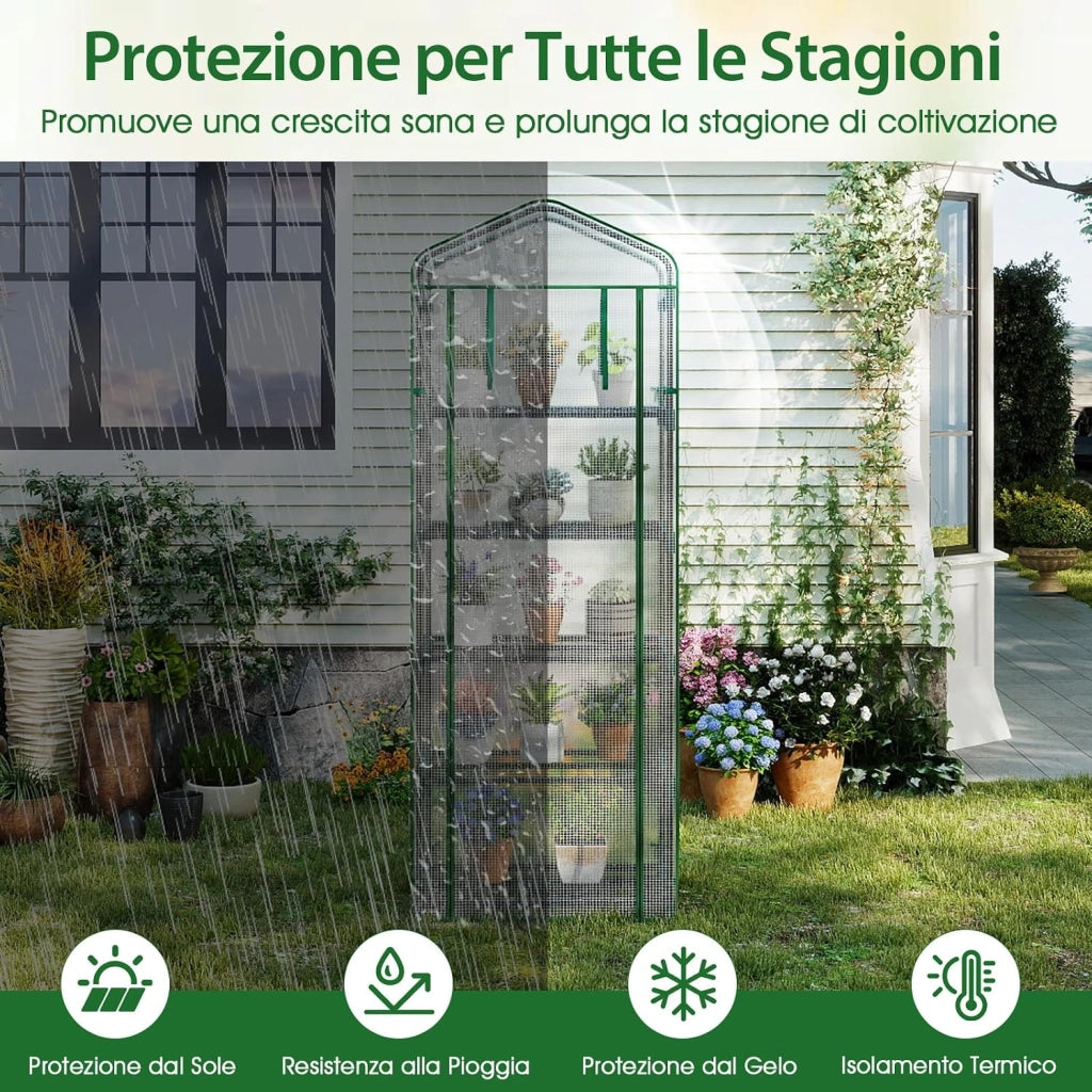 Mini Serra da Esterno ed Interno, Serra da Giardino con 5 Ripiani, Copertura in PE, Porta con Cerniera a Rotolo e Telaio in Metallo Antiruggine, Ideale per Balcone, Patio e Giardino