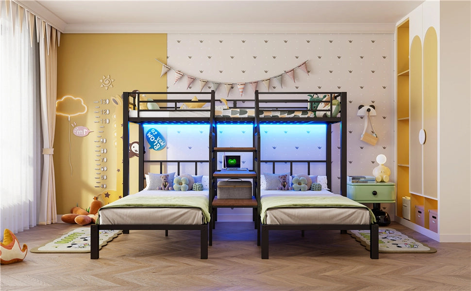 LETTO a castello 90x200 cm in metallo nero con LED, scrivania e USB