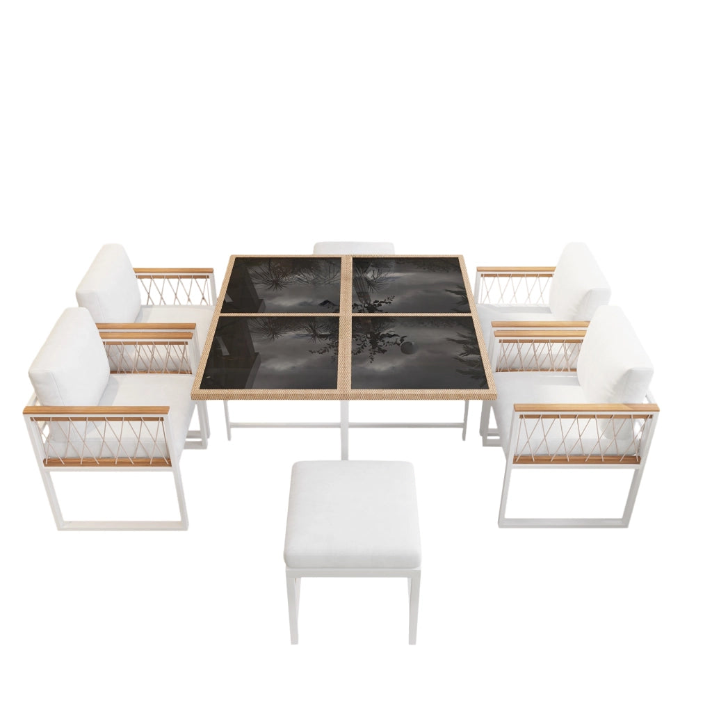 Set da pranzo per esterni da 6 posti con tavolo quadrato, 4 sedie e 2 pouf, struttura in acciaio, nero e bianco