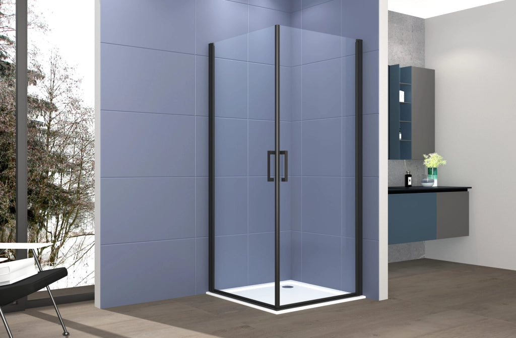 Box doccia angolare 100x100 cm apertura due ante battenti H200 cm cristalli trasparente 6mm profilo Nero Opaco IVO