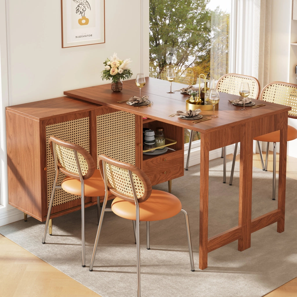 Mobile Bar con Anta in Rattan; Cassetto e Ripiani Aperti; Piano Girevole ed Estensibile; in MDF; 107 x 40 x 71;4 cm