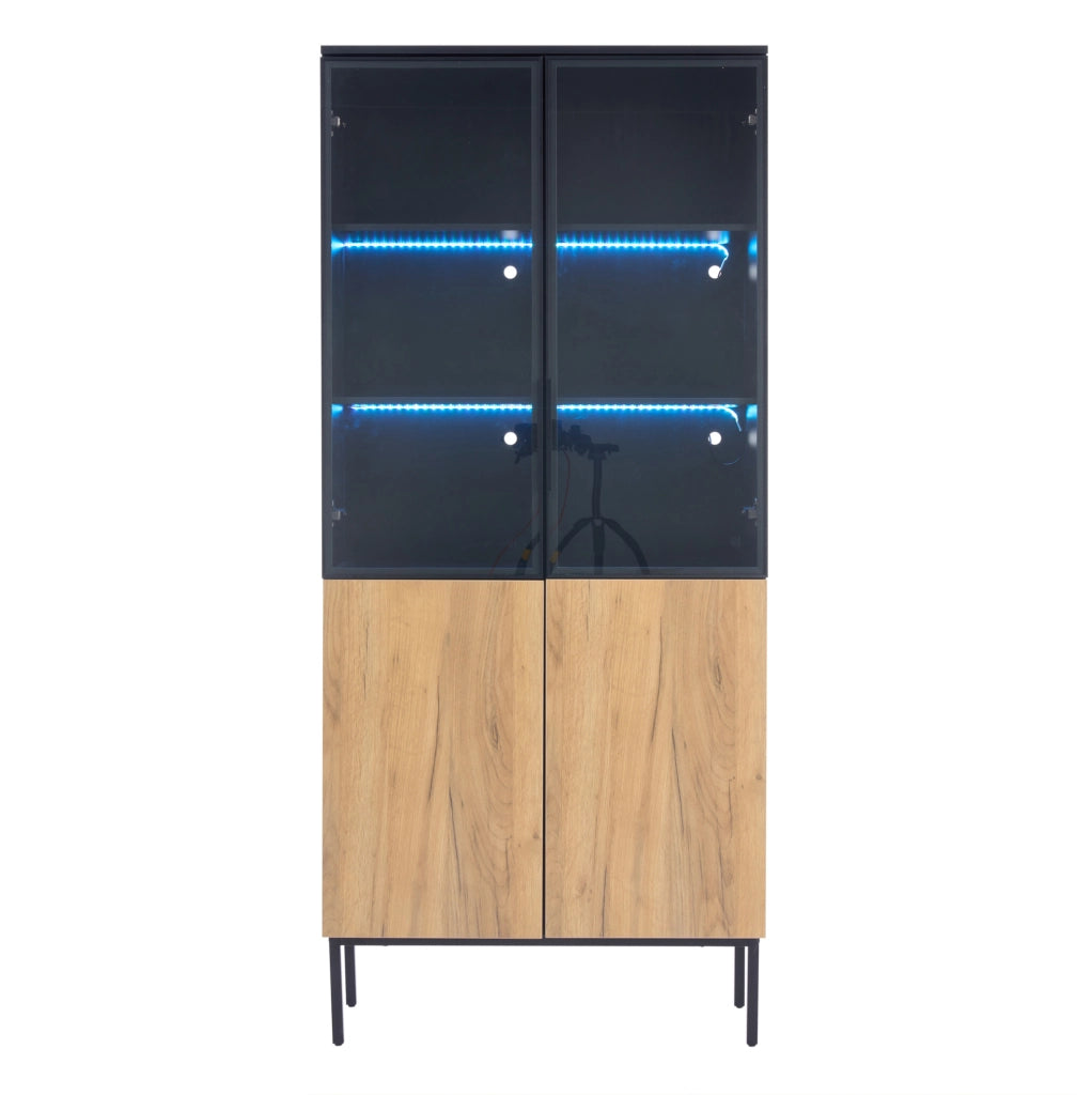 Vetrina con ante in vetro, illuminazione LED e struttura a pavimento