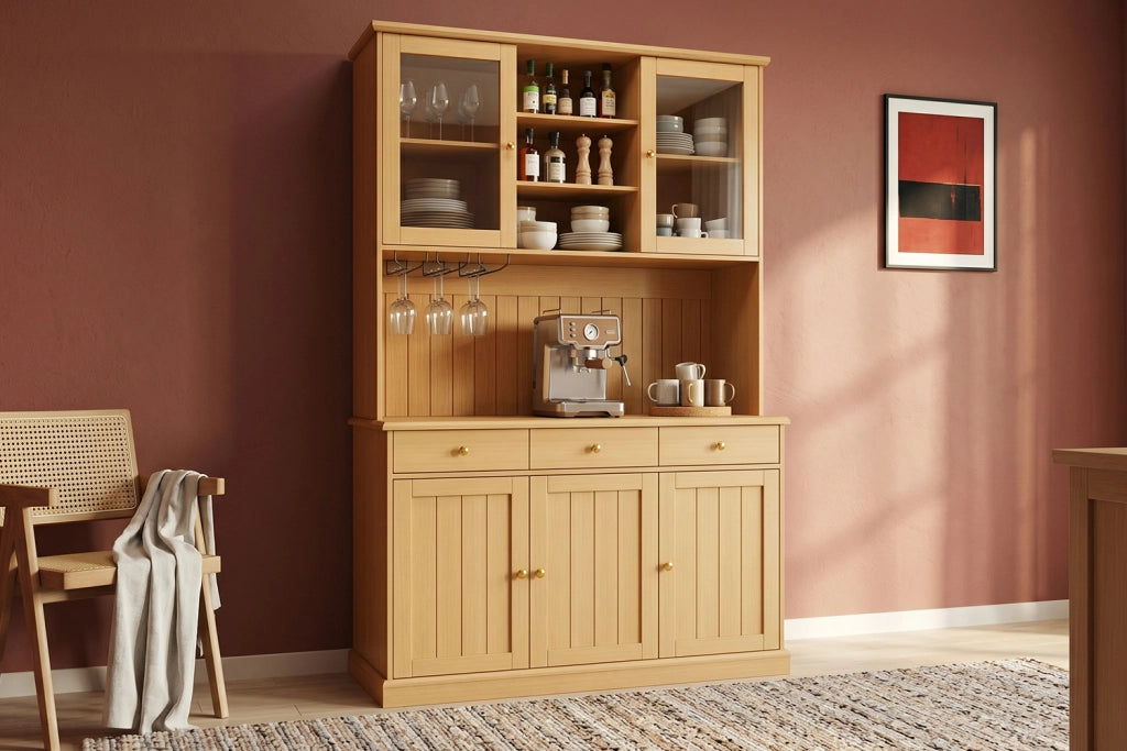 Credenza alta con vetrina, 1 cassetto e prese USB, per cucina e sala da pranzo, rovere naturale, 120 × 40 × 191 cm