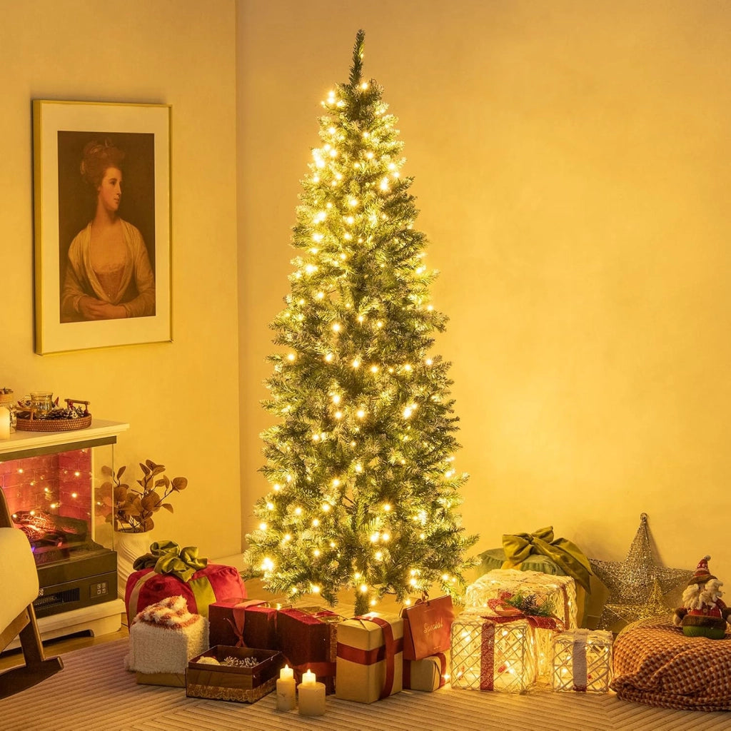 Albero di Natale Slim con Luci 150/180cm, Albero di Natale Innevato con 408/618/818/1298 Punte, 200/250/350/500 Luci LED Bianche Calde, Supporto in Metallo Pieghevole (180 cm)