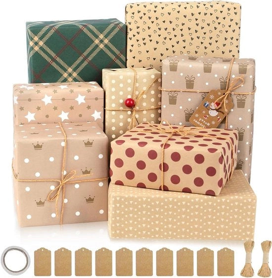 Set di Carta per Avvolgere Regali - 8 Fogli con 8 Disegni Include 10 Etichette per Regali & 2 Rotoli di Corda - Perfetto per i Compleanni Natale e le Occasioni Festive
