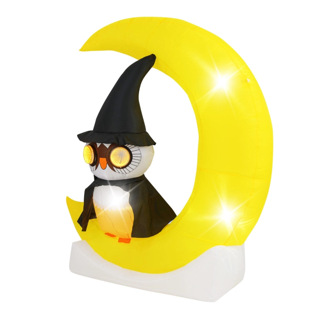 Gufo inflabile su luna da 130x155cm con led grande luna e gufo mago, Decorazione di halloween illuminata-Halloween