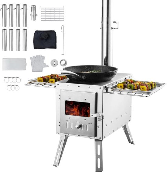 Camping a Gas Stoviglio Portatile - Stufa da Campeggio in Acciaio con Ciminiera e Accessori