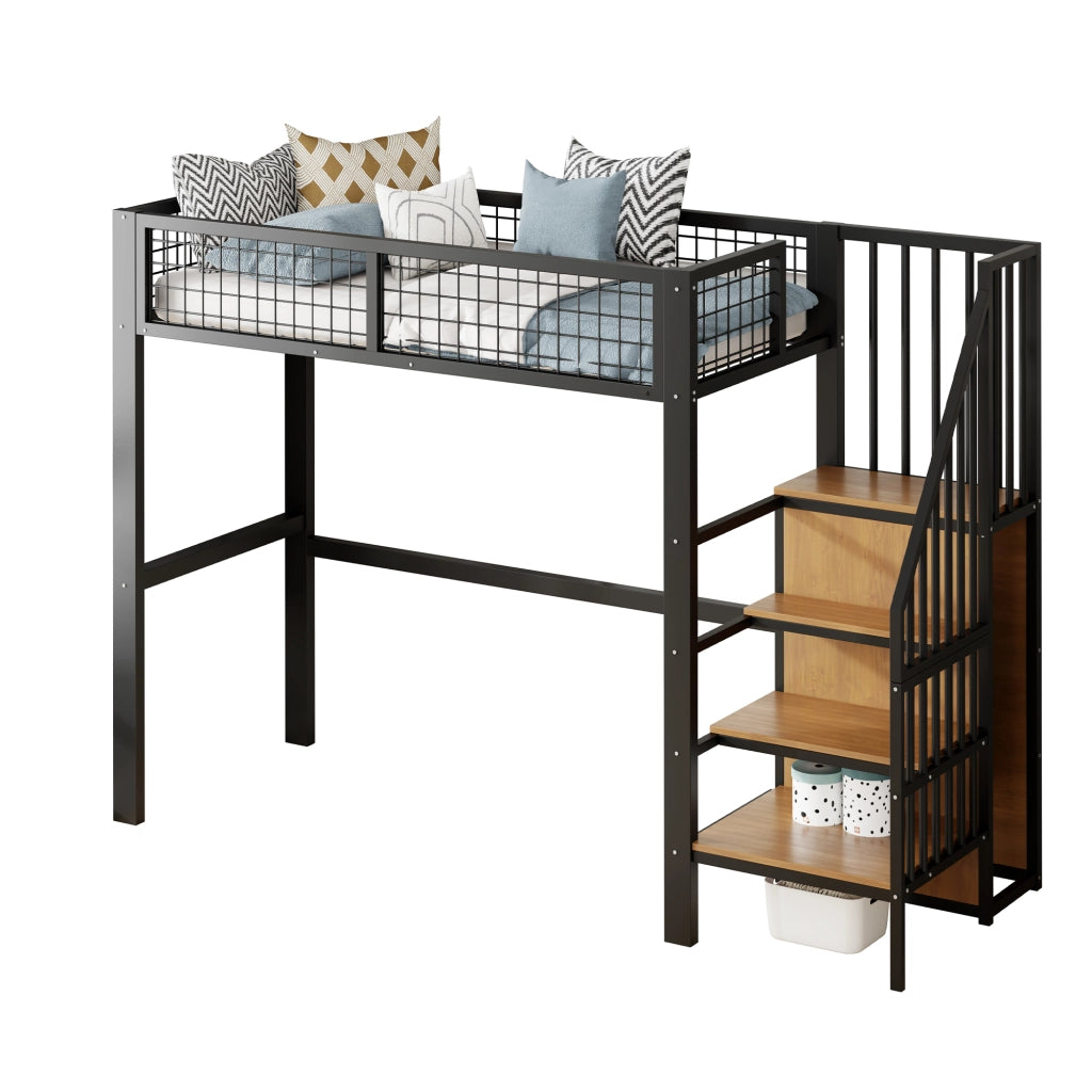 Letto a soppalco singolo con scala di sicurezza e armadio; 90 x 200 cm; senza materasso; metallo; Nero