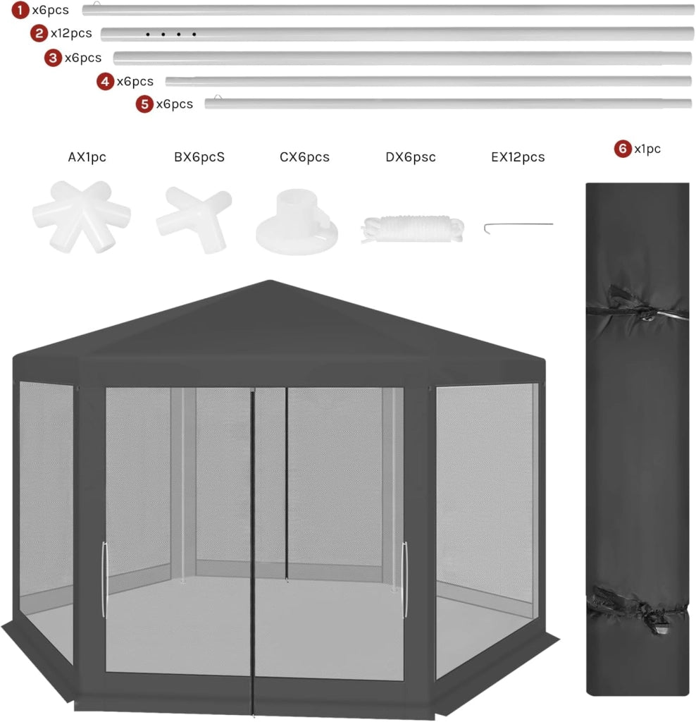 Gazebo da Esterni, Pergolato da Giardino, Gazebo Pieghevole e Impermeabile, con Pareti Laterali a Zanzariera, Esagonale, per Campeggio, Feste, 3,8x3,3m, Grigio