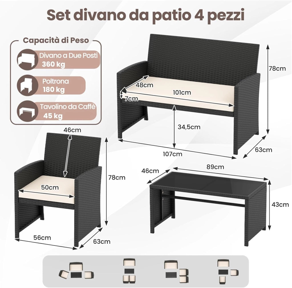 Set Salotto da Giardino 4 Pezzi, Divanetto e Poltrone in Rattan con Tavolino da Caffè in Vetro Temperato, Set di Mobili da Esterno Imbottiti per Cortile, Veranda e Bordo Piscina (Bianco)