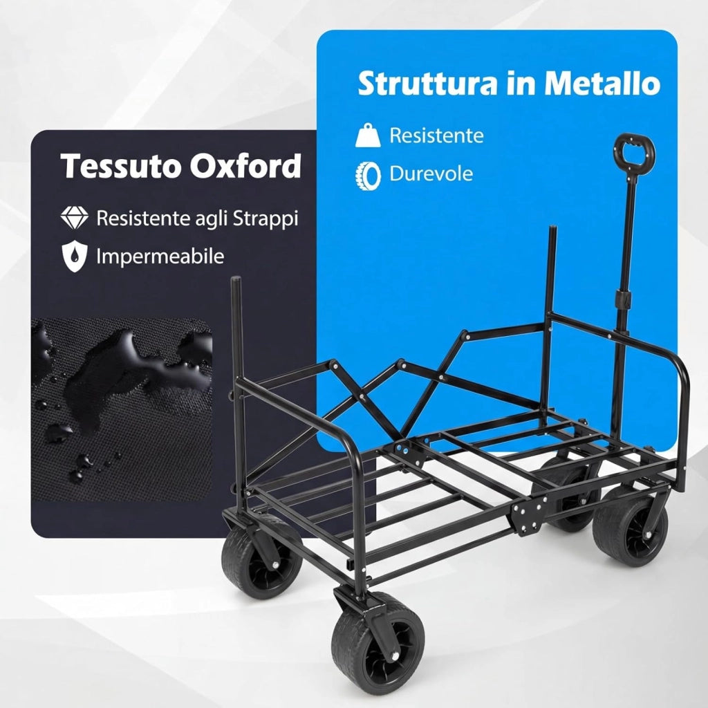 2 in 1 Carrello Pieghevole con Panca, Carrello Trasportabile con Maniglia Regolabile, Cuscini Morbidi e Ruote, Carrello da Giardino in 600D Oxford, 80 kg, 85 L, per Campeggio e Spiaggia (Nero)