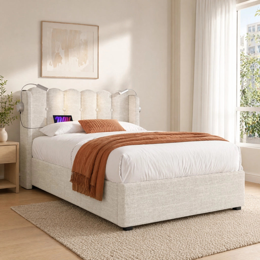 LETTO Contenitore 90x200 cm in Lino Naturale con Luce da lettura e USB