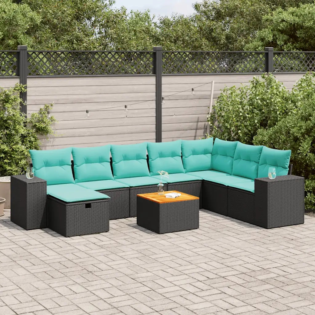 Set Divani da Giardino 9 pz con Cuscini Nero in Polyrattan