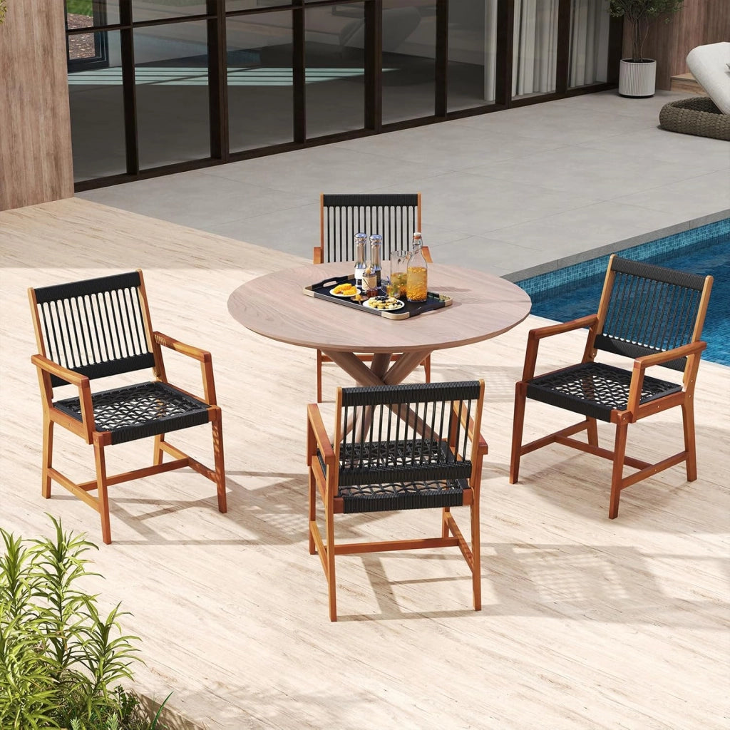 Set di 2 Sedie da Pranzo in Legno di Acacia per Esterno, Sedie da Giardino Intrecciate con Braccioli, Sedia in Legno di Acacia con Tessitura di Corda di Plastica, Capacità di Carico di 160 kg
