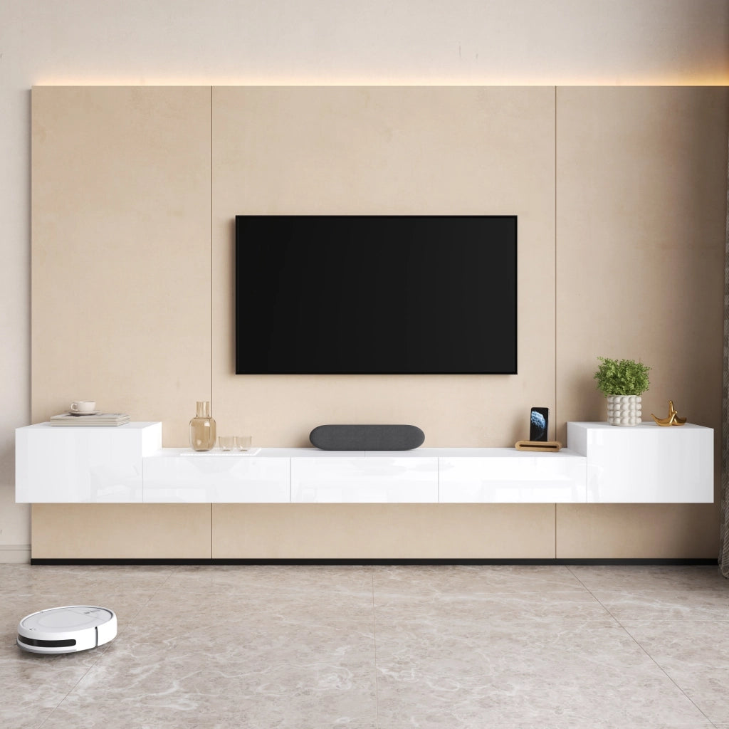 Mobile porta TV sospeso con LED app, 2 ante a battente e 3 ribalta, per soggiorno, bianco, 245 × 30 × 26 cm