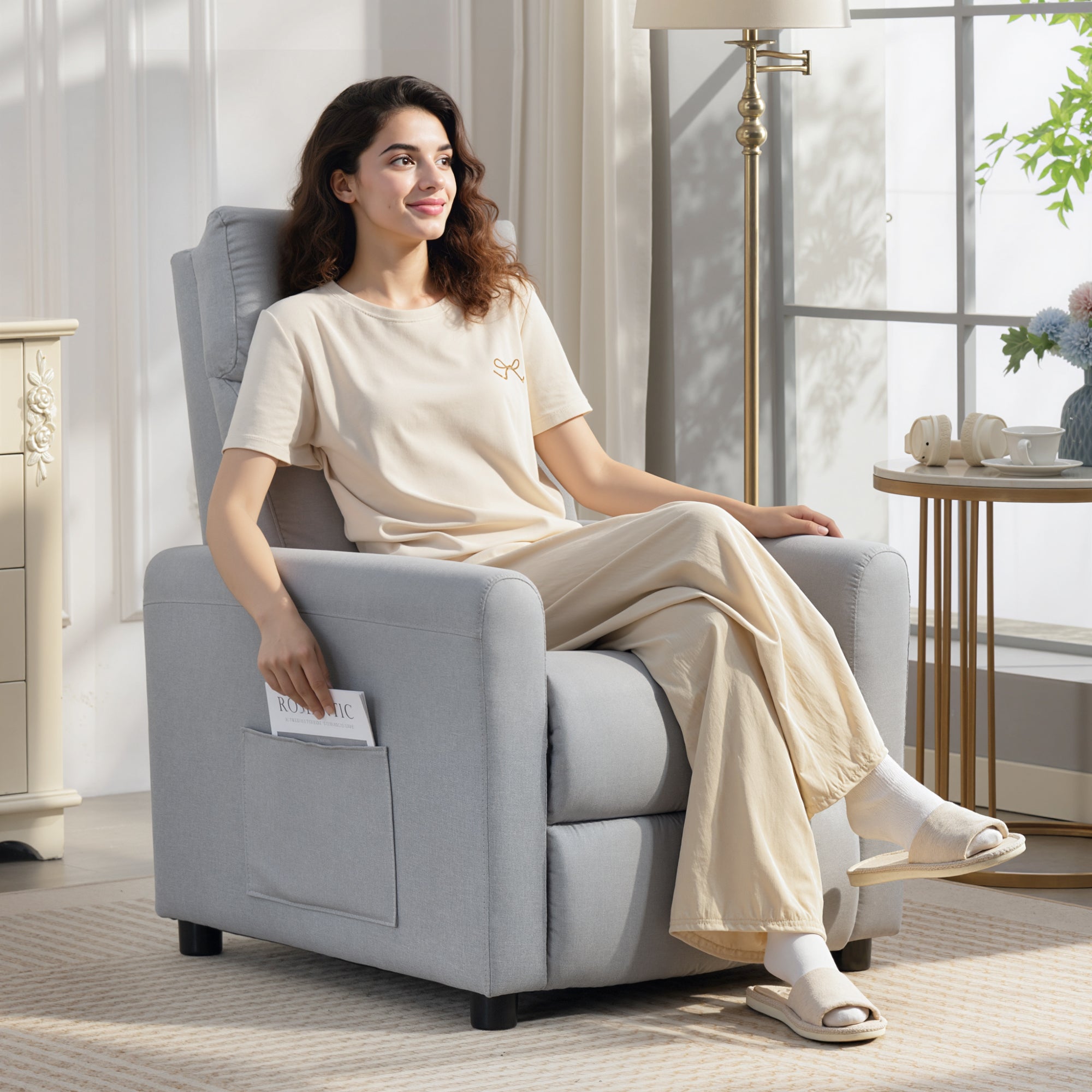 Poltrona Reclinabile 135° Max 73x86x100 cm in Tessuto Effetto Lino Schiuma Acciaio e Legno Grigio Chiaro