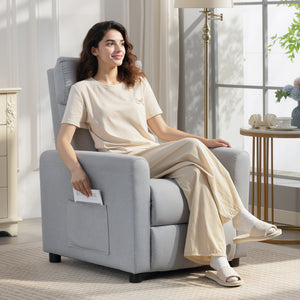 Poltrona Reclinabile 135° Max 73x86x100 cm in Tessuto Effetto Lino Schiuma Acciaio e Legno Grigio Chiaro