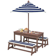 Set Tavolo e Panche da Giardino per Bambini in Legno di Abete con Ombrellone 120 cm e Cuscini a Righe Bianco e Blu Navy Robusto