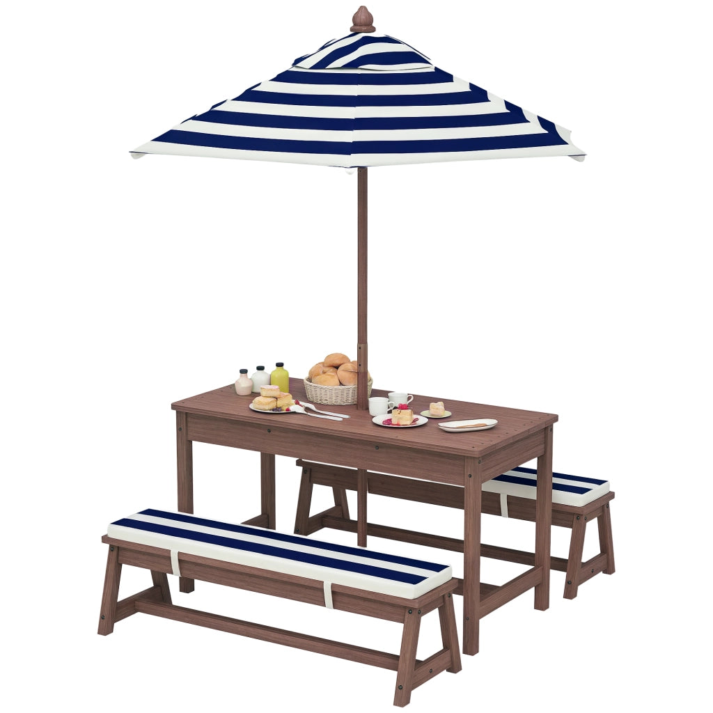 Set Tavolo e Panche da Giardino per Bambini in Legno di Abete con Ombrellone 120 cm e Cuscini a Righe Bianco e Blu Navy Robusto