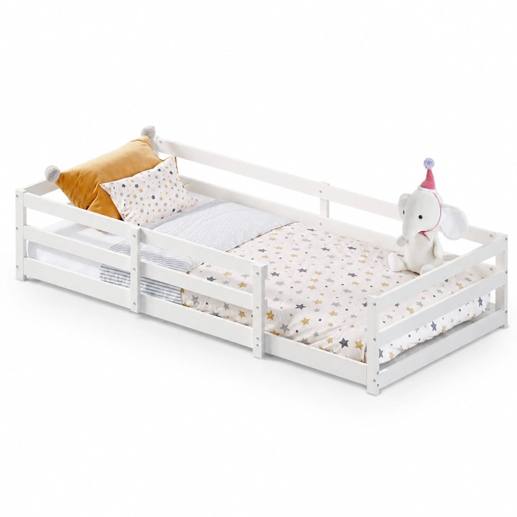 Letto Montessori 90x200 cm con barriera di protezione e rete a doghe in legno di pino bianco