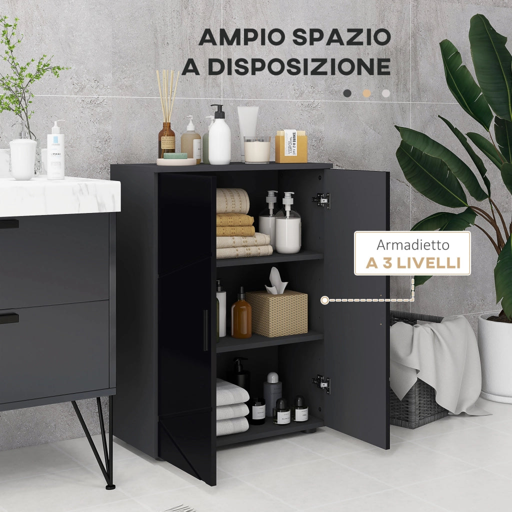 Mobiletto Bagno 2 Ante con Ripiani ¨C zephmum ¨C Legno Multistrato, Nero Lucido, 60x30x82 cm