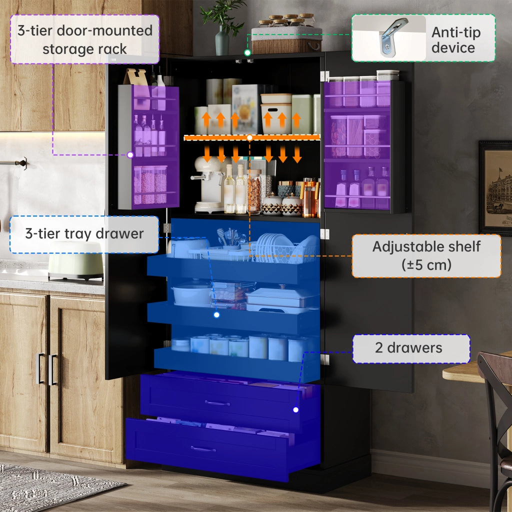 Credenza alta con 3 ripiani estraibili, 2 cassetti e ripiani nelle ante, in MDF nero, per cucina e soggiorno, 80 × 37,5 × 180 cm